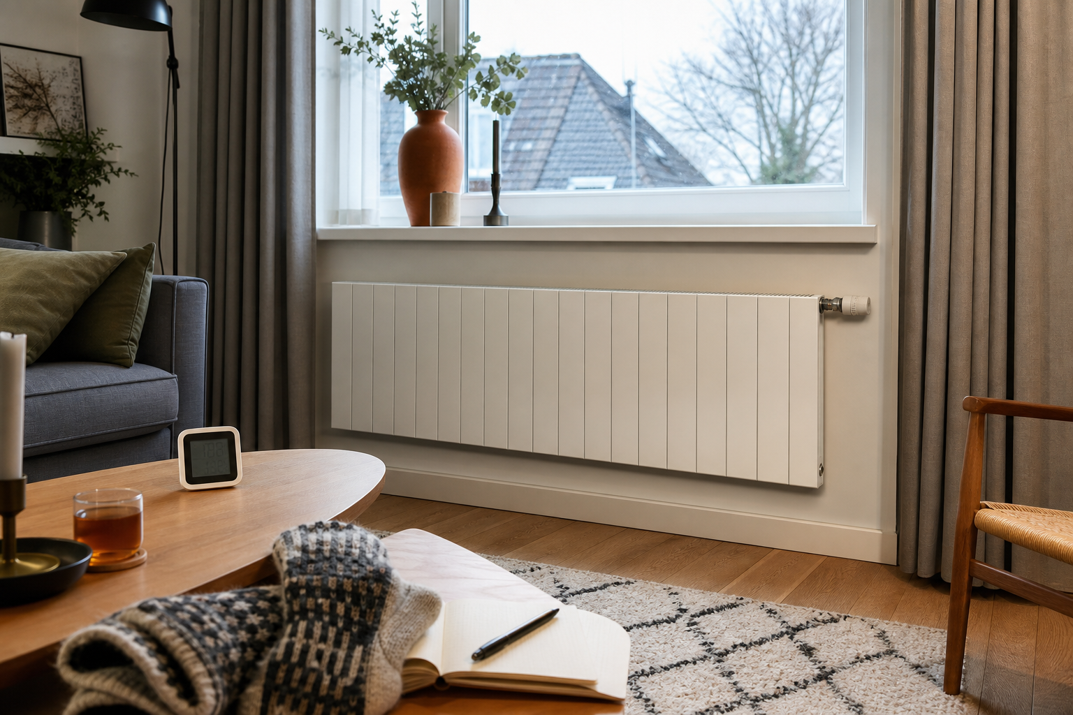 Lichte woonkamer met lage radiator onder het raam, thermometer en notitieboek op tafel